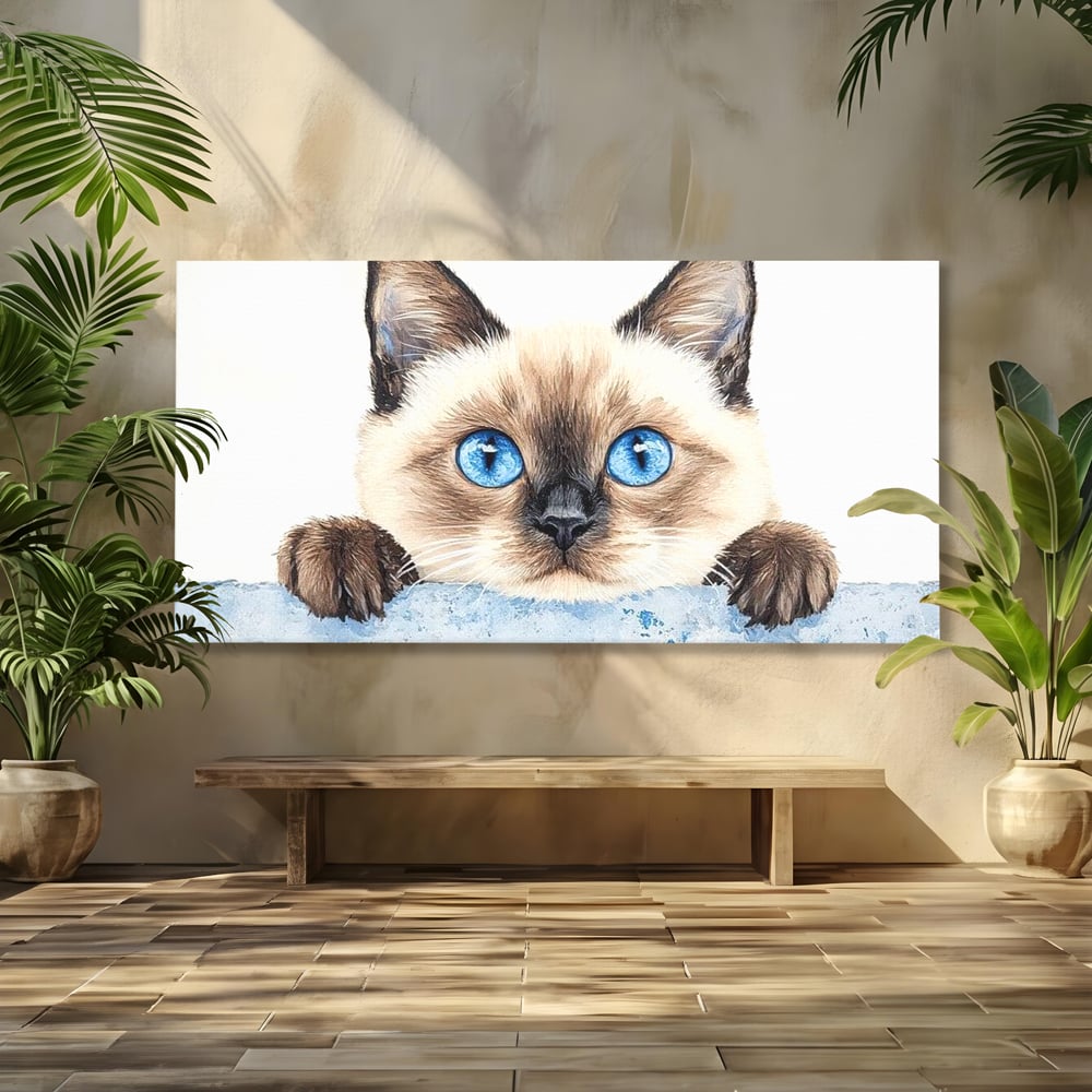 Tablou canvas cu tablou canvas cu pisica siameza si ochi albastrii, fara rama, pe sasiu de lemn